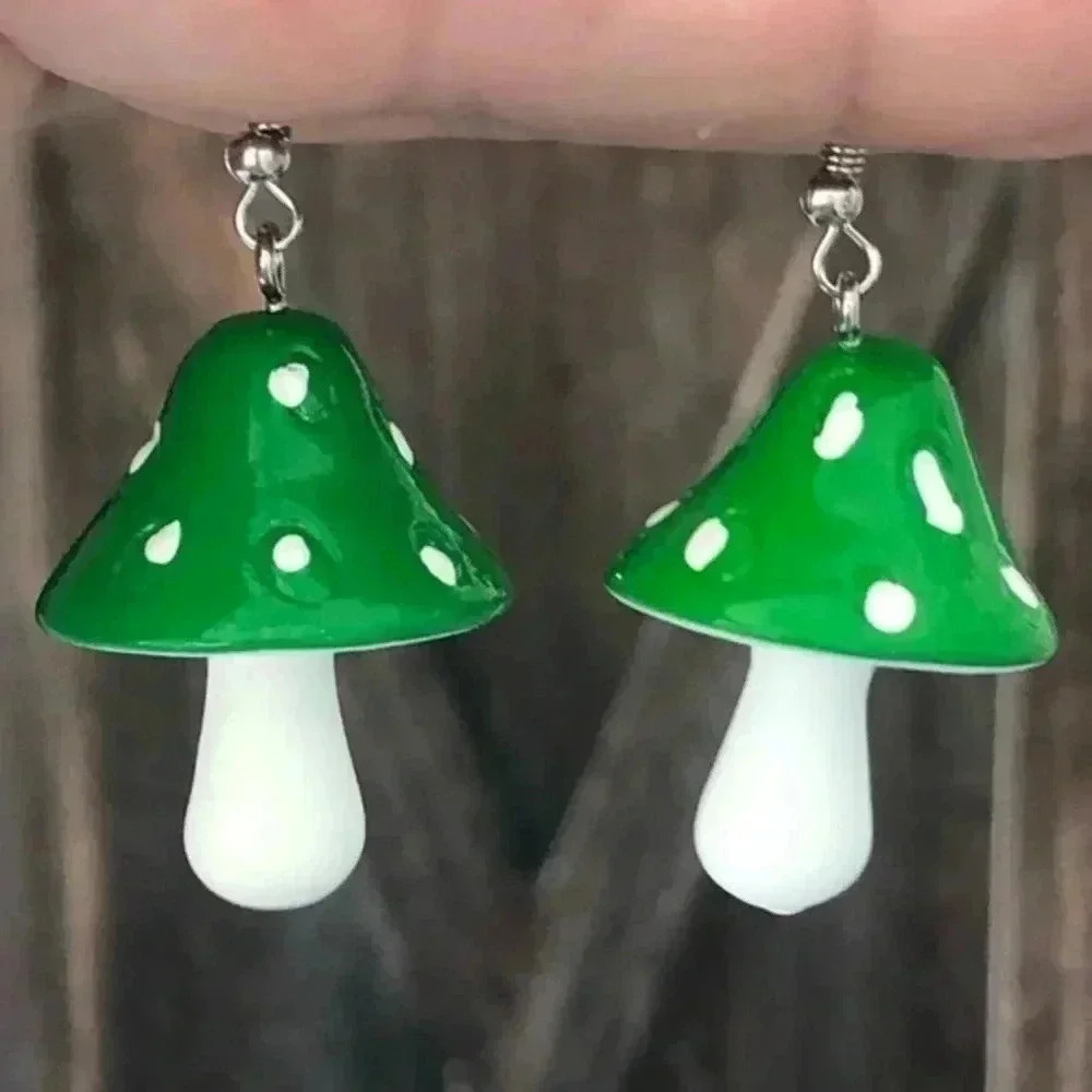 Green & White Big Psychedelic Cartoon Mushroom Drop Earrings